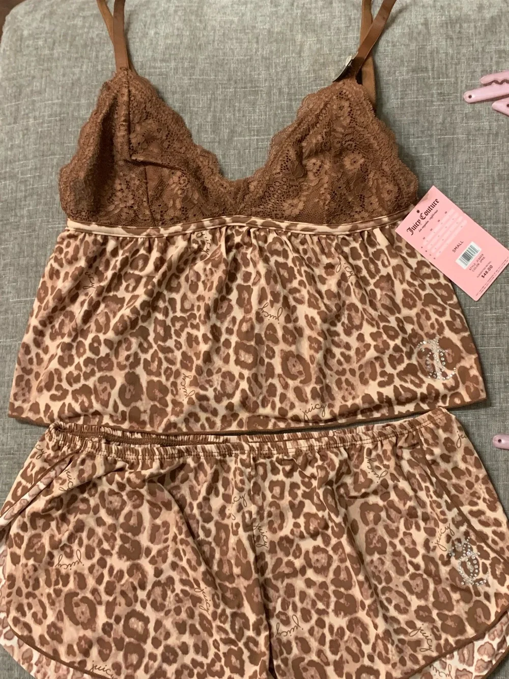 Juicy Couture Lace Trim Cami & Short Pajama Set - Brown
